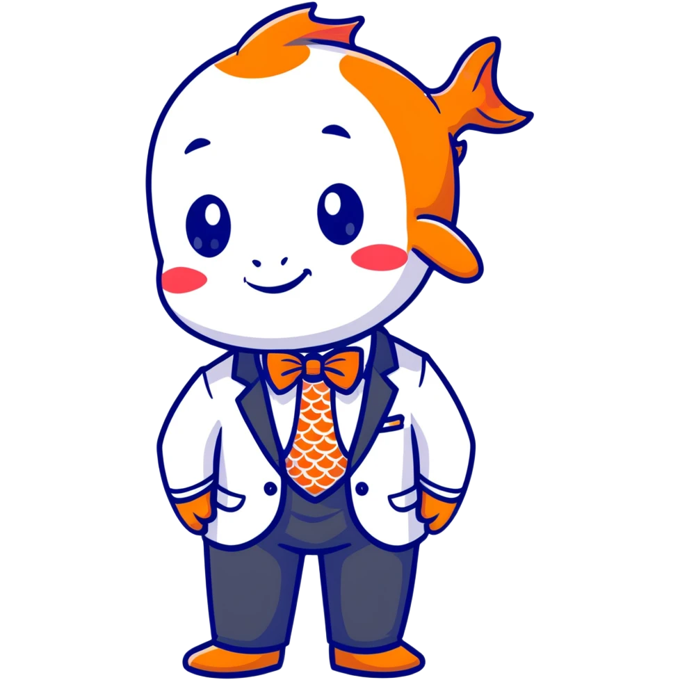 A charming and professional koi fish character, sleek rounded body with orange and white patterns, expressive eyes, friendly smile, wearing a neat business suit, white shirt, and tiny bowtie emoji