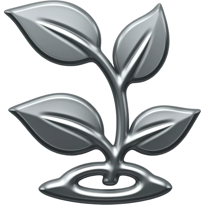 Take the 🌱 plant and recreate it as a 3D chrome metallic icon.  Liquid silver material, glossy reflections, black and white only,  dramatic studio lighting, white background,  ultra sharp render, 512x512px, no text,  same shape and silhouette as the original emoji emoji