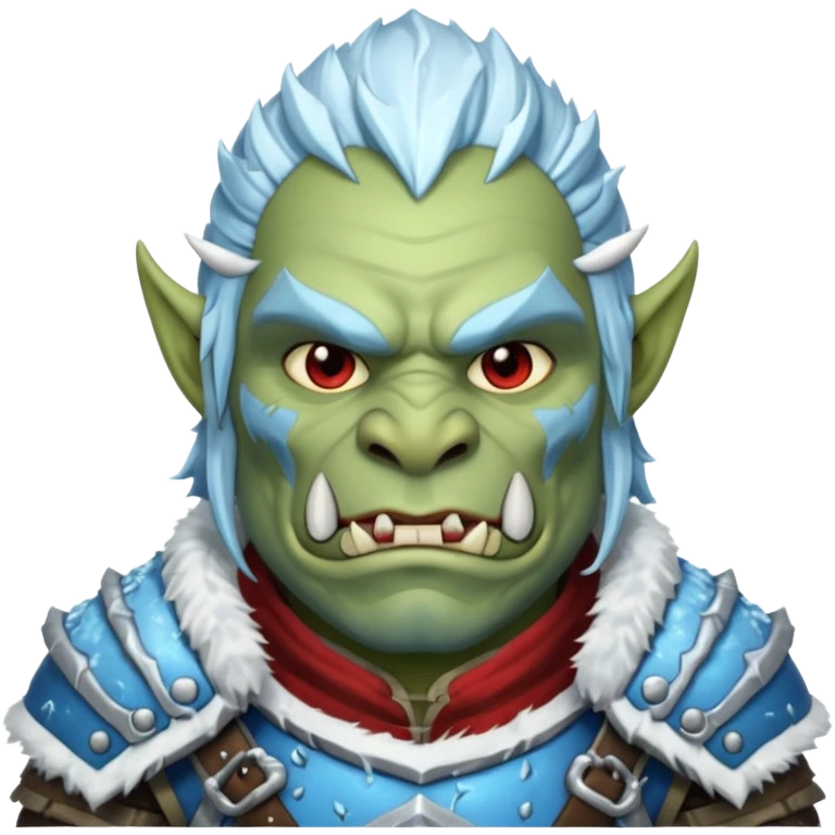 Fantasy Christmas orc portrait icon, frost clan warrior style, winter fur armor, icy details, strong brutal face, snowy battlefield mood, clean emoji style, male/female variant emoji