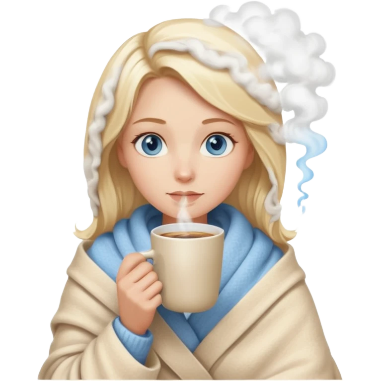 Blonde with blue eyes wrapped up in a cozy blanket with a hot coffee emoji