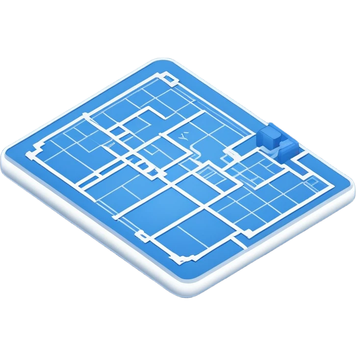 blue blueprint plan with white lines and shaded objects, isometric angle emoji