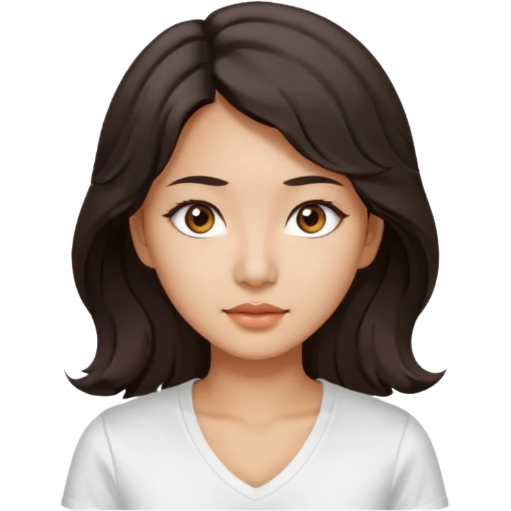 iOS style emoji. A girl with very long dark brown wavy hair. And the eyes color is dark brown. And she is wearing white t shirt with V kneck. And she is 30. She is Asian with double eyelids  emoji