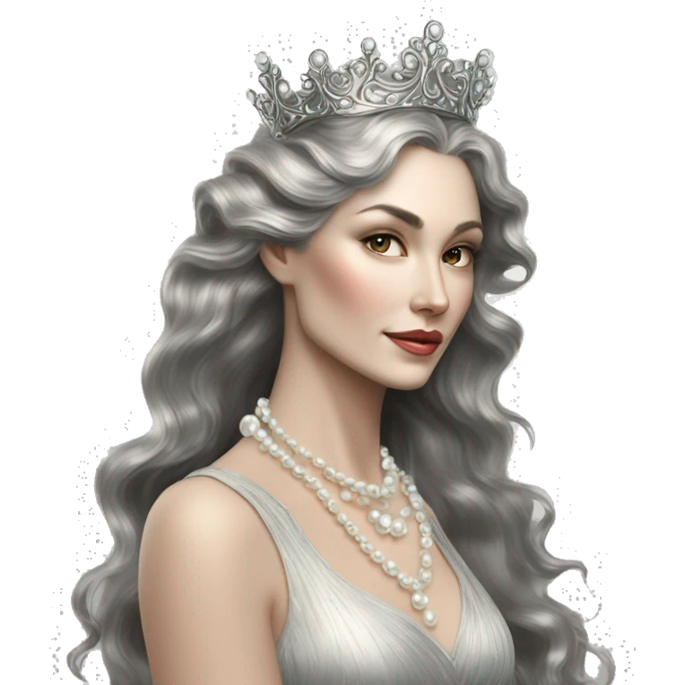 Regal pretty slender middle age woman photograph defined cheekbones high cheekbones crown vintage with very long iridescent black and silver hair wavy long hair pearl crown iridescent emoji