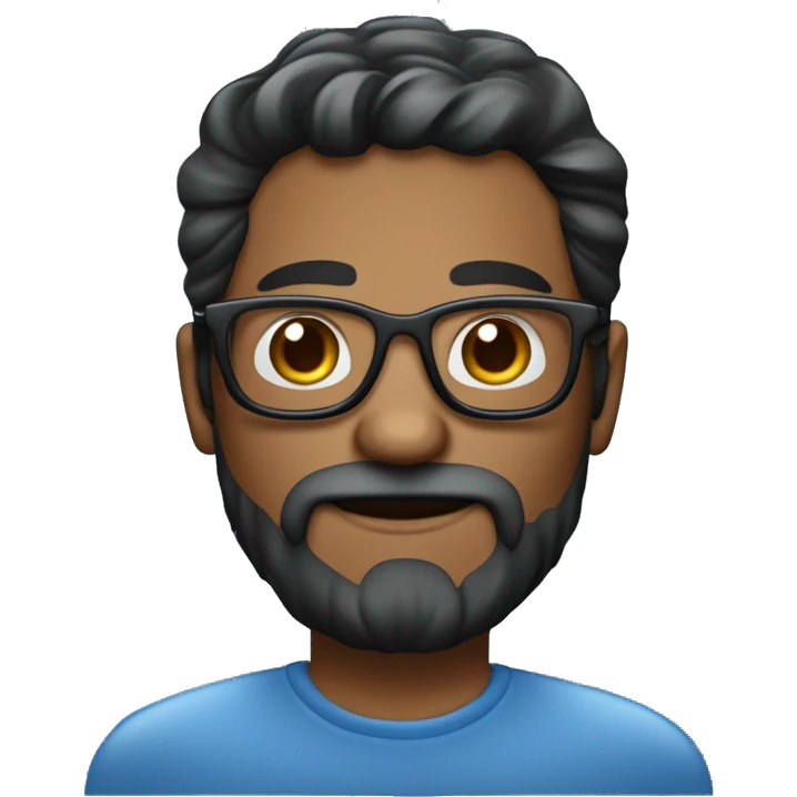 Hombre de 30 años con gafas y barba abierta con cabello negro y ojos color cafe con un gesto de asombro fondo azul emoji