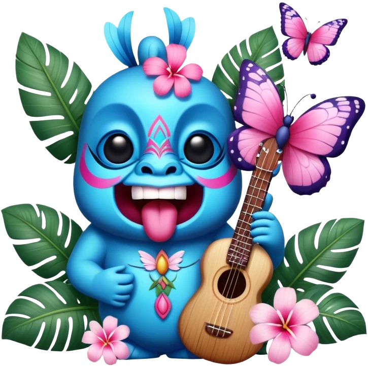 Pixar style little Blue and pink tiki singing with a butterfly and tropical flowers, ultra detailed and lifelike imagery, realistic emoji