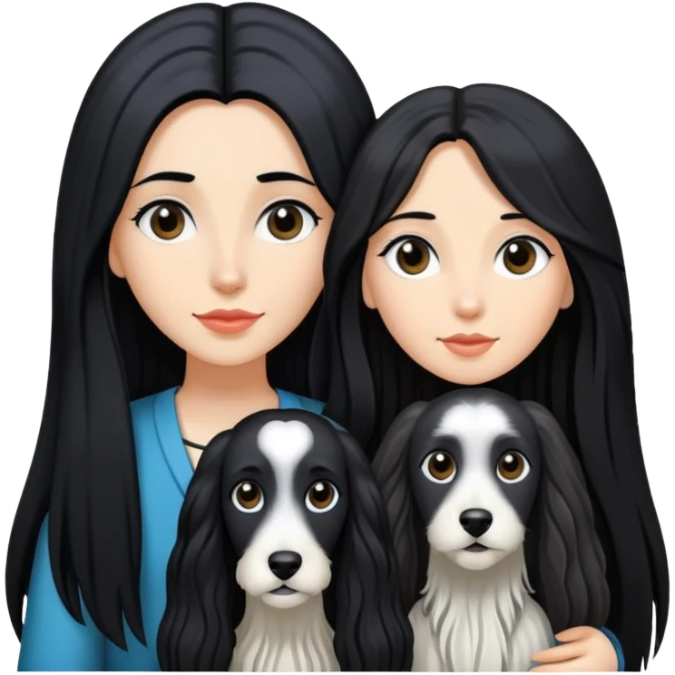 A girl with long black hair walks a black and white Afghan hound emoji