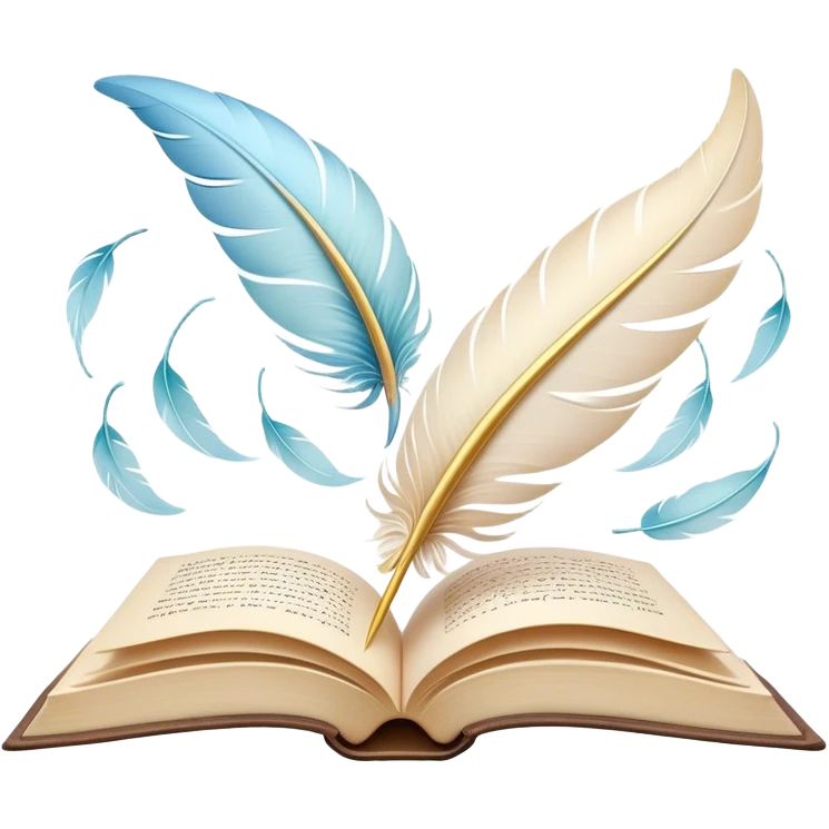 Create a delicate and poetic emoji representing poetry. The design should feature several elegantly flying pages with short poetic columns written on them. The pages should appear light and flowing, almost as if being carried by the wind. Include a white feather gently resting on the pages, symbolizing creativity and inspiration. Use soft, pastel tones to give it a dreamy, artistic feel. The design should feel ethereal and whimsical, capturing the essence of poetry. Make the background transparent. emoji