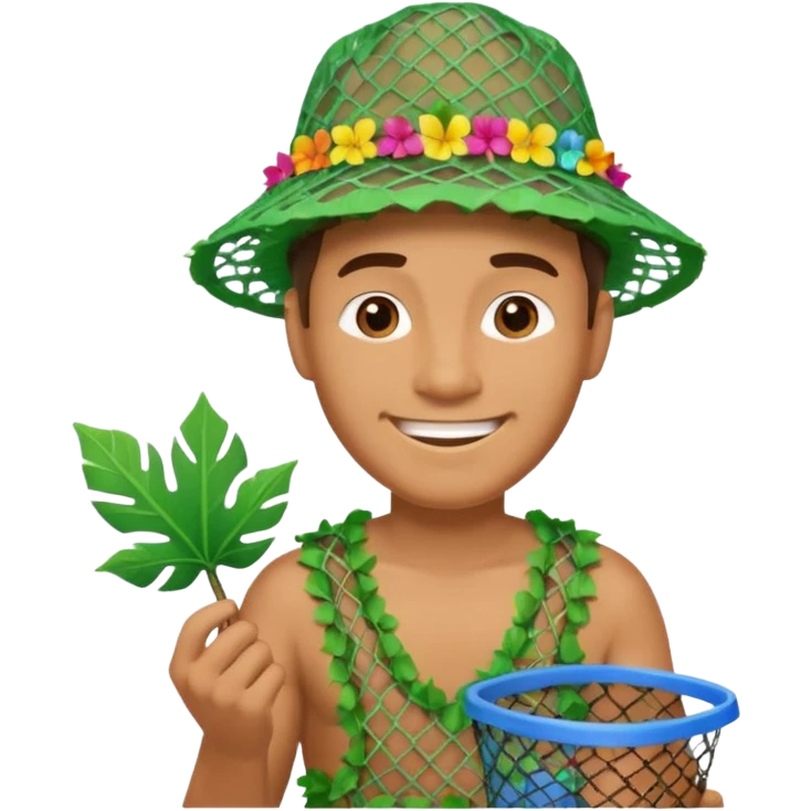 Hawaiian man with leaf hat and big trash net and colorful cloth emoji