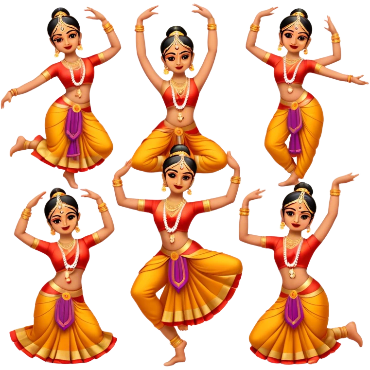 Cinematic Realistic Bharatanatyam Dance Emoji, depicted as an elegant classical Indian dance performance with graceful poses, intricate costumes, and expressive hand gestures, rendered with rich textures and warm dramatic lighting that captures its timeless beauty. emoji