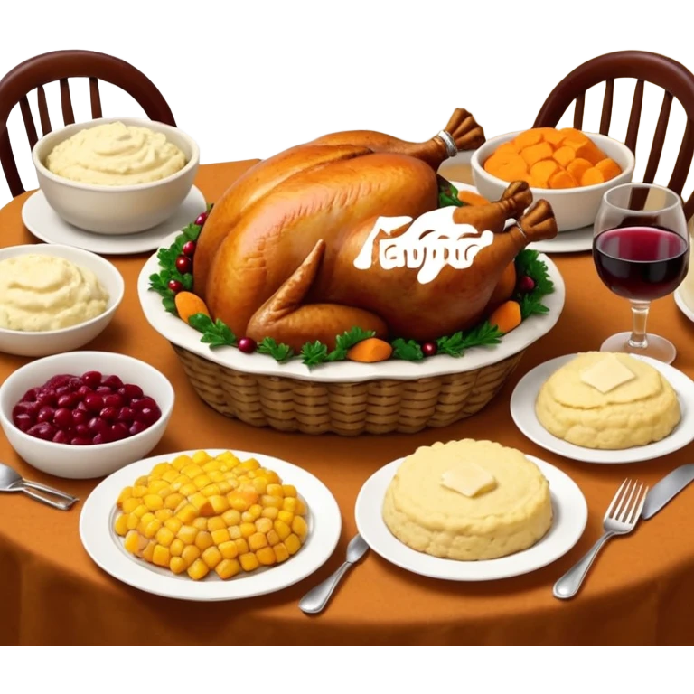 Thanksgiving Dinner with 6 friends of all different races around the table; have the food be a cooked turkey, mashed potatoes, corn, a basket of biscuits, a small bowl of cranberry sauce, baked yams, steamed vegetables, and a bottle of wine. emoji