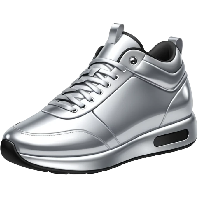 A pair of futuristic sneakers emoji made of silver chrome, sleek streetwear design, smooth metallic panels, subtle reflections, luxury swag aesthetic, iOS emoji style, centered, clean white background emoji