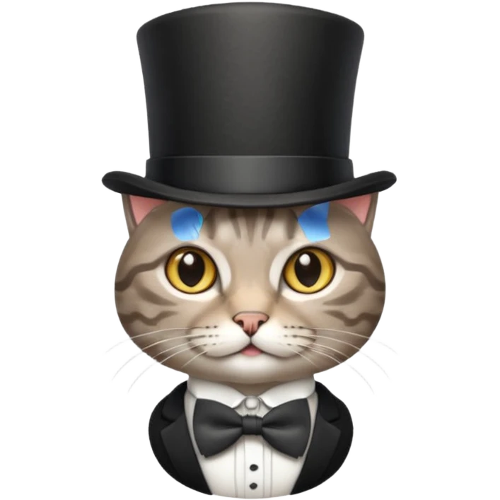 Grey tabby cat in top hat and bow tie emoji