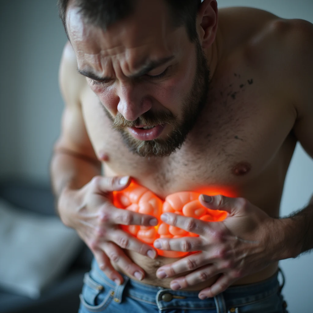 close-up of man with intestinal problems, face contracted in pain, sweating, abdominal bloating, hyperrealistic 4K details, clinical environment emoji