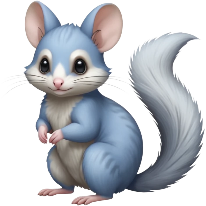 Blue-pointed, grey, soft natural realistic romantic vintage antique divine beautiful elegant pretty precious cute young youthful  Fakémon-Pokémon-alien-opossum-squirrel-feline-chinchilla-Minccino-Cinccino-Meowstic-rodent-hybrid-creature with a big fluffy bushy tail (full body) emoji