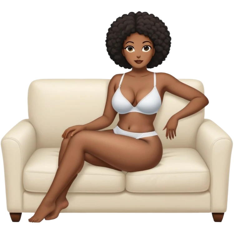 fullbody realistic busty black topless buxom in undies sitting on couch in comfy missionary legs up spread pose sfw emoji