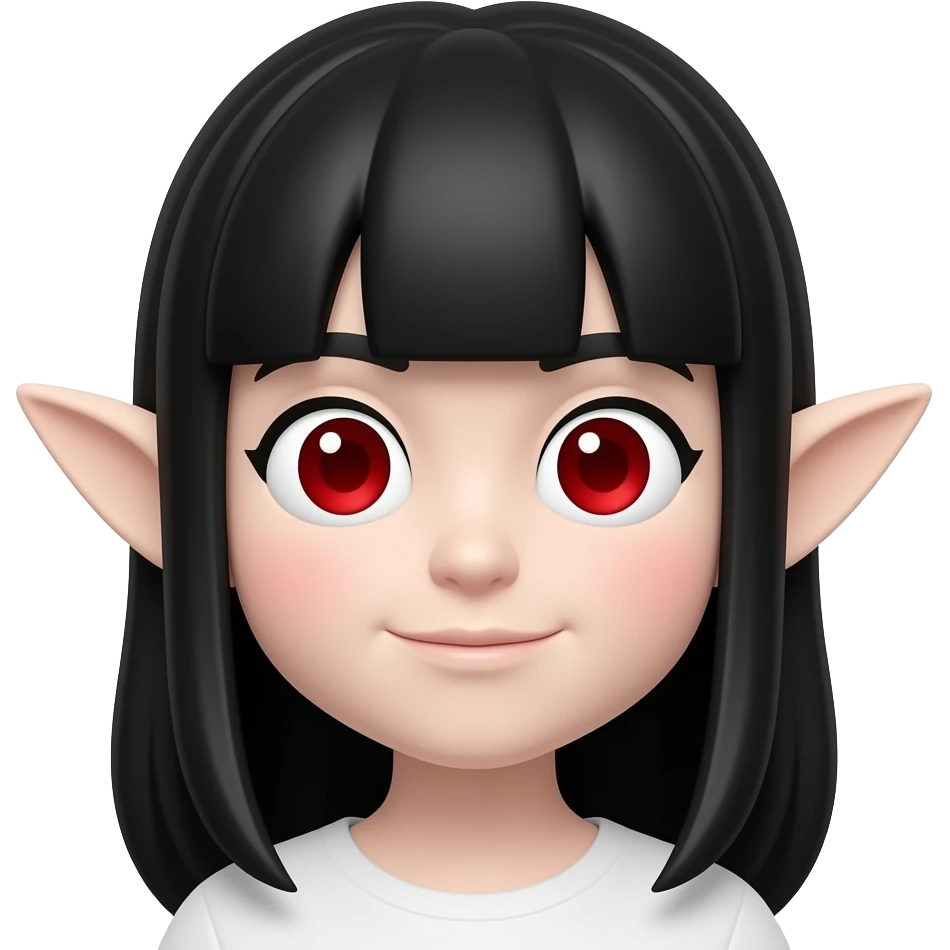 카툰 입체 이모티콘.흰 피부. 붉은 동공. 살색 날카로운 귀. 큰 눈. 새하얀 피부. 붉은 홍조. 검정 긴생머리. emoji