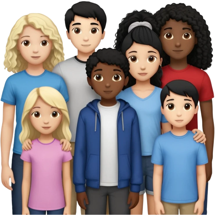 Group of diverse friends standing together, including a dark-skinned boy with straight hair, a light-skinned boy with straight blonde hair, a light-skinned girl with straight black hair, a mixed-race girl with straight brown hair, a light-skinned boy with wavy black hair, a mixed-race girl with dark curly hair, and in the center a light-skinned girl with wavy brown hair emoji