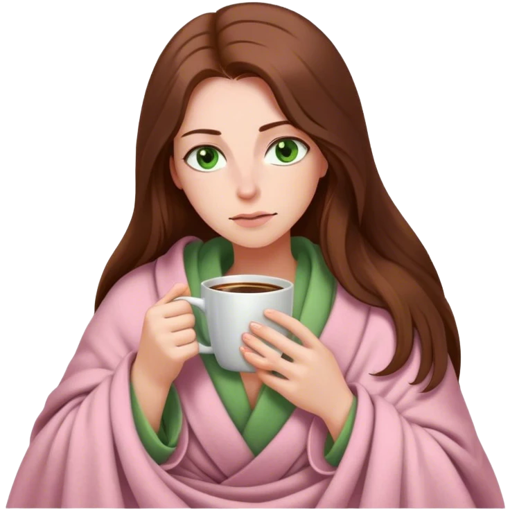 woman with very long brown hair and green eyes in a light pink blanket sleepy with coffee emoji