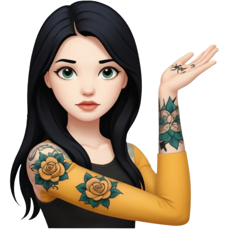 hyper realistic Pale girl with long black hair arm tattoos emoji