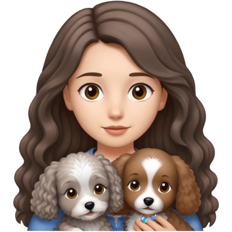 A girl with long straight hair holding a small light gray curly-haired dog emoji