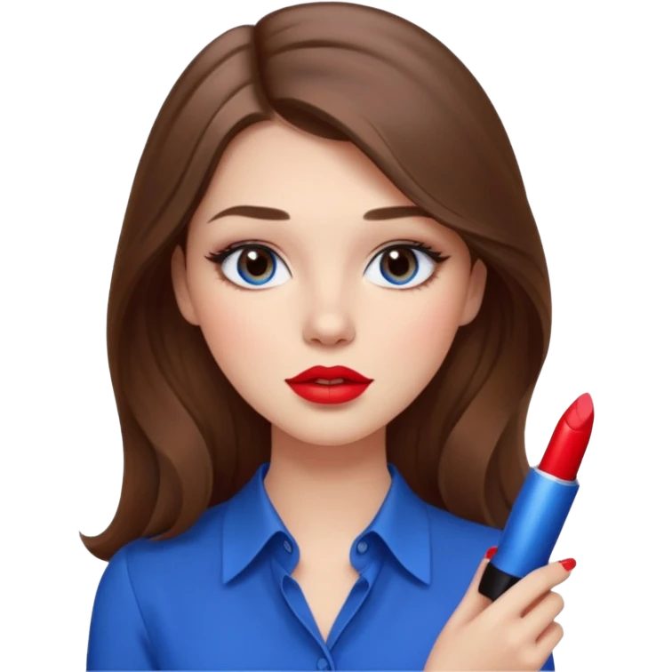 Crea una chica con cabello largo color castaño y ojos cafés claro que tenga blusa moderna color azul y que esté sujetando un labial moderno color rojo y con maquillaje emoji