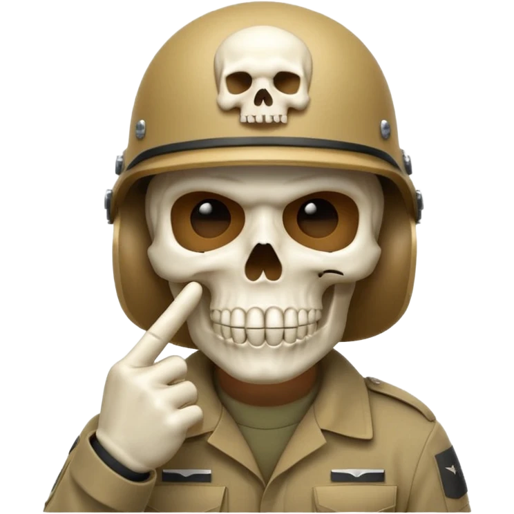 A bold emoji-style white skull wearing a realistic modern army helmet, making a shushing gesture (index finger bone held up to mouth area). Clean vector style,modern emoji aesthetic.The helmet has detailed realistic texture. No body, just the skull and helmet emoji