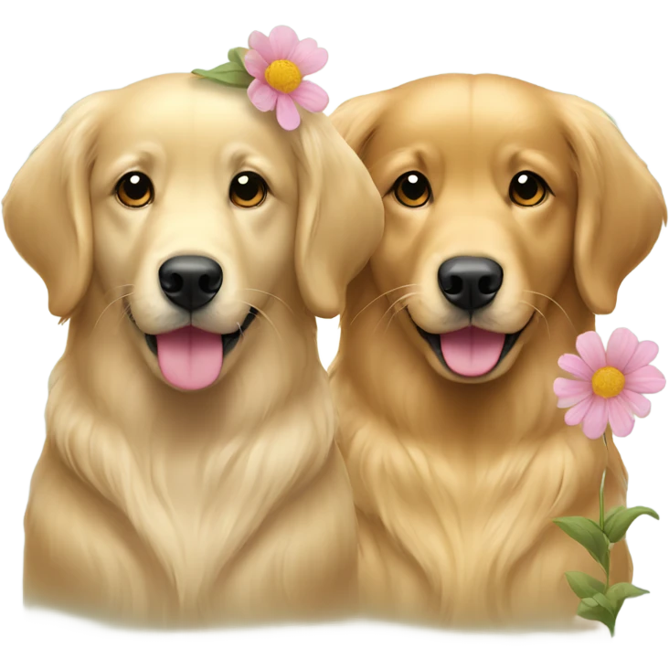Two golden retriever girl dogs with flowers. One is lighter and one is darker emoji