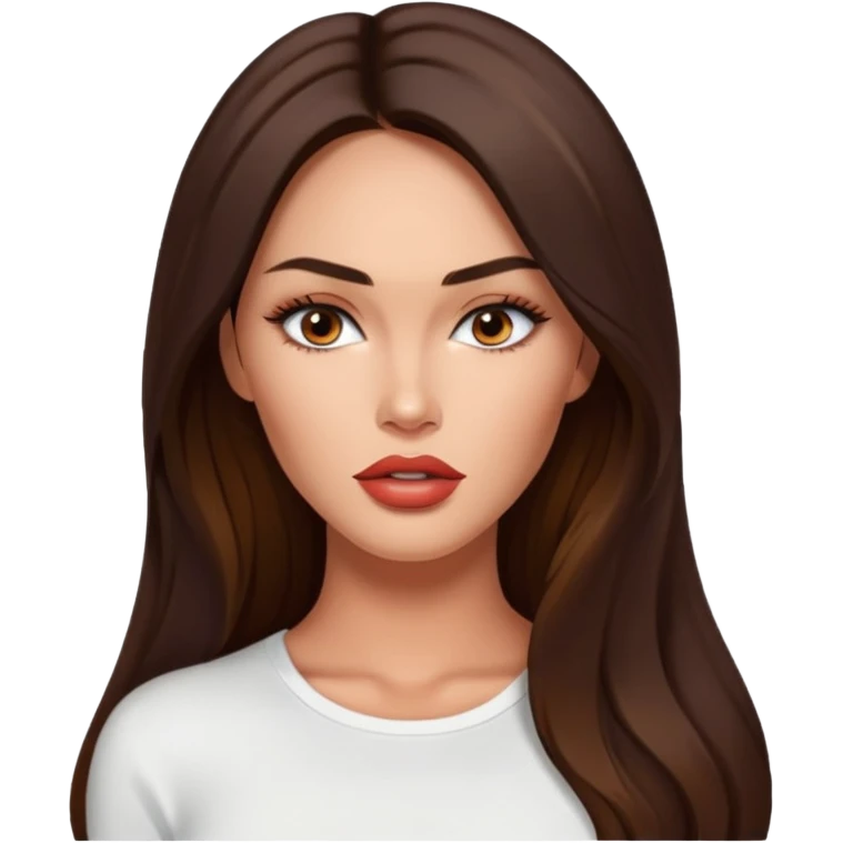 Megan fox, fashion model Beautiful woman model large breasts  with  narrow eyes tan skin, full lips  long hair model white  top   emoji