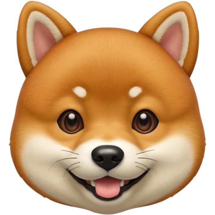 Head of a Shiba Inu dog, in orange-brown fur with white muzzle and cheeks, round face, big black eyes, perky ears, grinning with closed mouth, no tongue, front-facing, glossy texture, soft shadows
 emoji