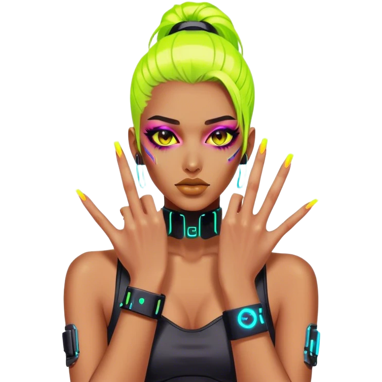 cyberpunk style neon 
manicure with long nails shows fak emoji