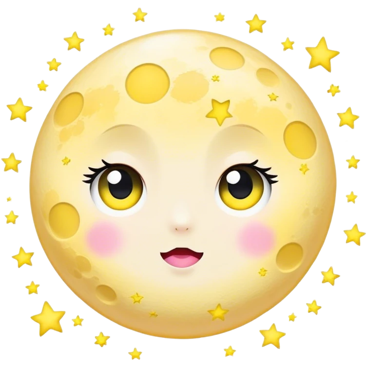Full Moon and surrounded by stars light pink and yellow kawaii with black wide eyes emoji