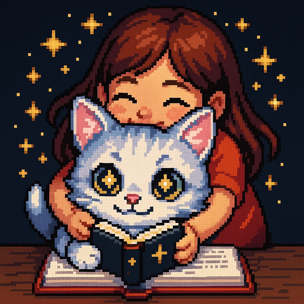 A kitten sitting at a table holding a book with stars in its eyes, and a girl hugging him from behind, pixel art style. emoji