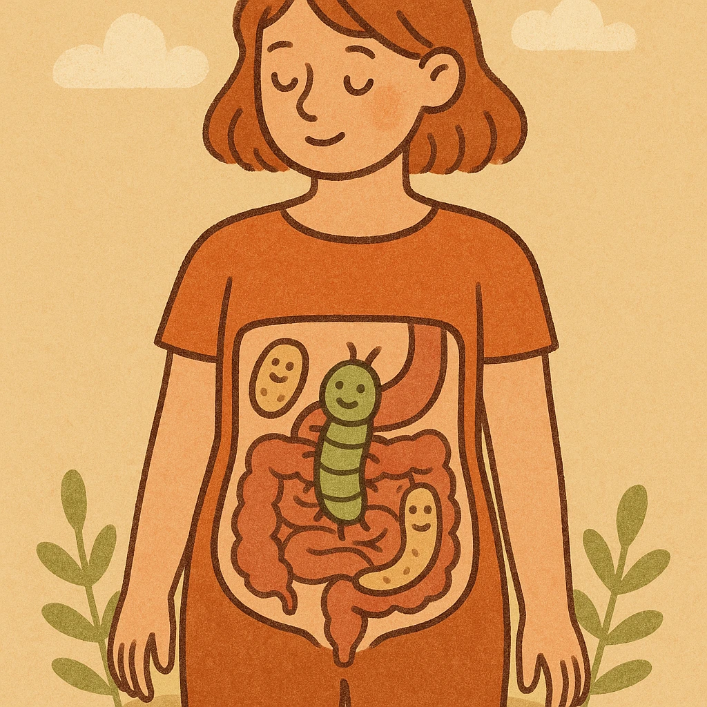 educational cartoon style anatomical section of female body showing intestine with few stylized smiling parasites, light colors, educational atmosphere, no gruesome details, 4K resolution emoji