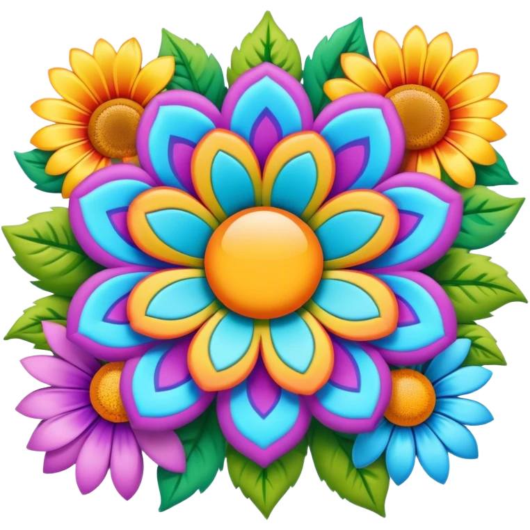 Create a 3D ultra detailed psychedelic colored hippie style flower border  emoji
