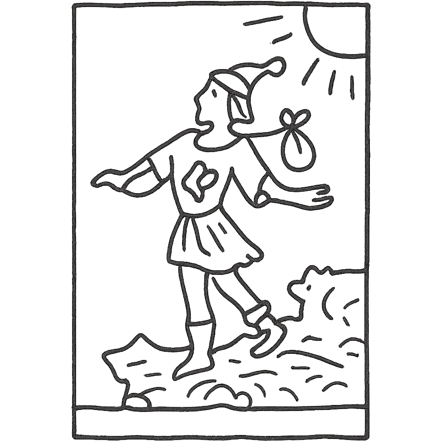 The Fool tarot card, simple and minimal, hand-drawn black outline style, no text emoji
