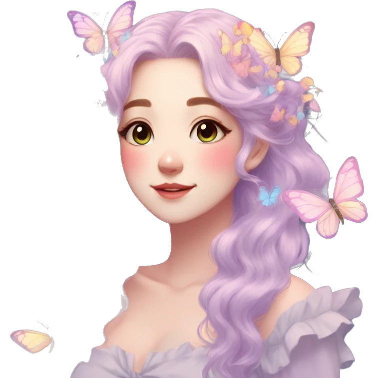 gorgeous anime pastel lady with butterflies and beautiful hair fairycore cottagecore emoji