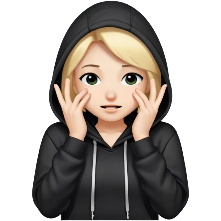 A girl wearing a black hoodie smirking and covering her eyes with the hood she's wearing emoji