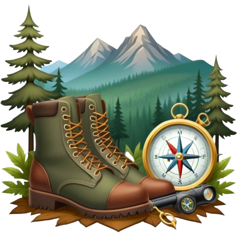 emoji for Hunting Tourism: a hunting rifle, hunting boots and a compass on a forest background, with a silhouette of wildlife in the distance. The icon should capture the adventure and connection with nature in hunting tourism. Transparent background. emoji
