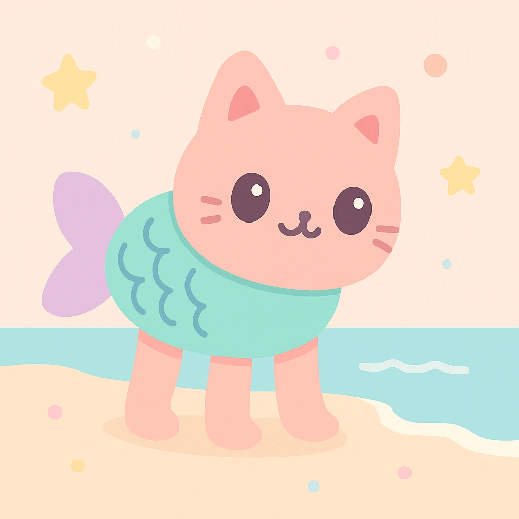 cat with fish body and four human legs, at the beach edge, cute illustration style emoji