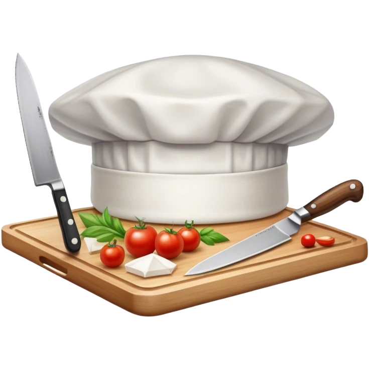 A photorealistic icon featuring a chef's hat, a cutting board with fresh ingredients, a knife, and a plate with a well-plated dish. Bright, detailed design with realistic textures and lighting. Transparent background, clearly symbolizing cooking and culinary arts. emoji