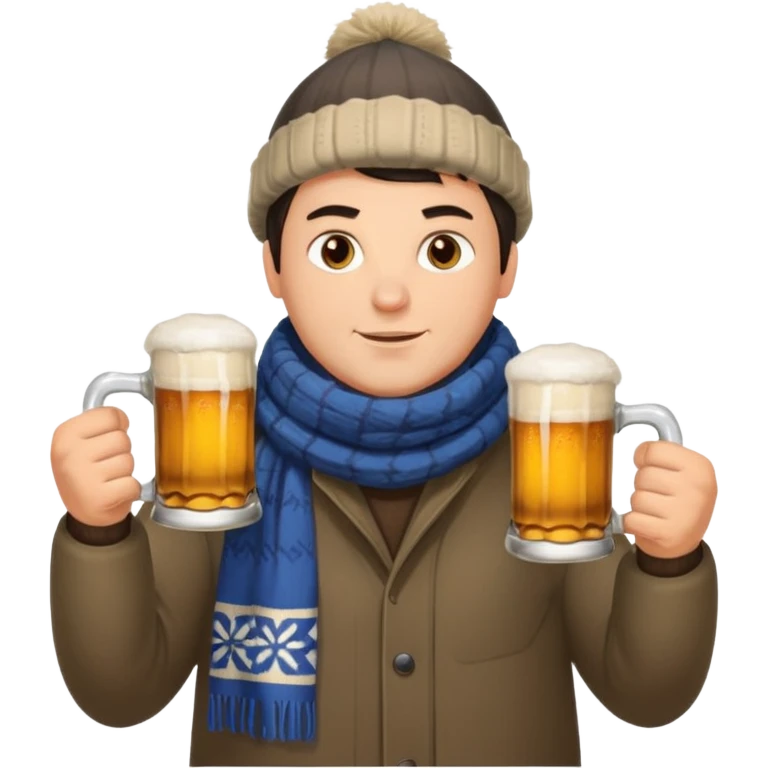 big slavic guy sitting in yoga pose, spiky short dark hair, holding beer mugs in two hands, winter dressed emoji