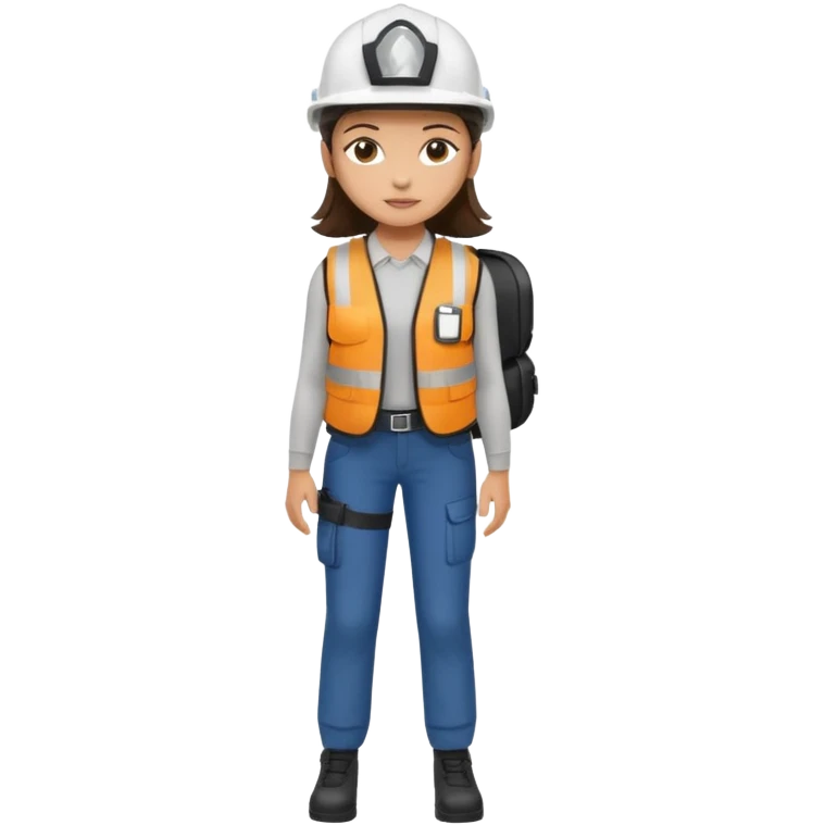 Brunette brown Girl full body standing with her white security helmet and security vest on, also with her black backpack emoji