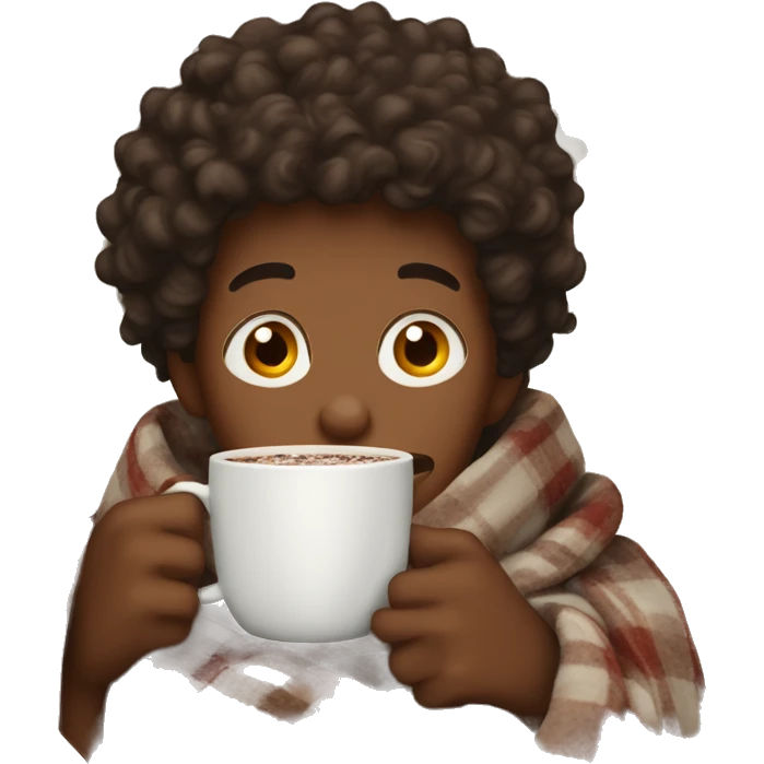 a cosy boy with curly hair wrapped in a blanket with a cup of hot chocolate emoji