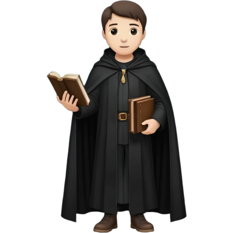 A wandering philosopher in a long black cloak with a book full height emoji
