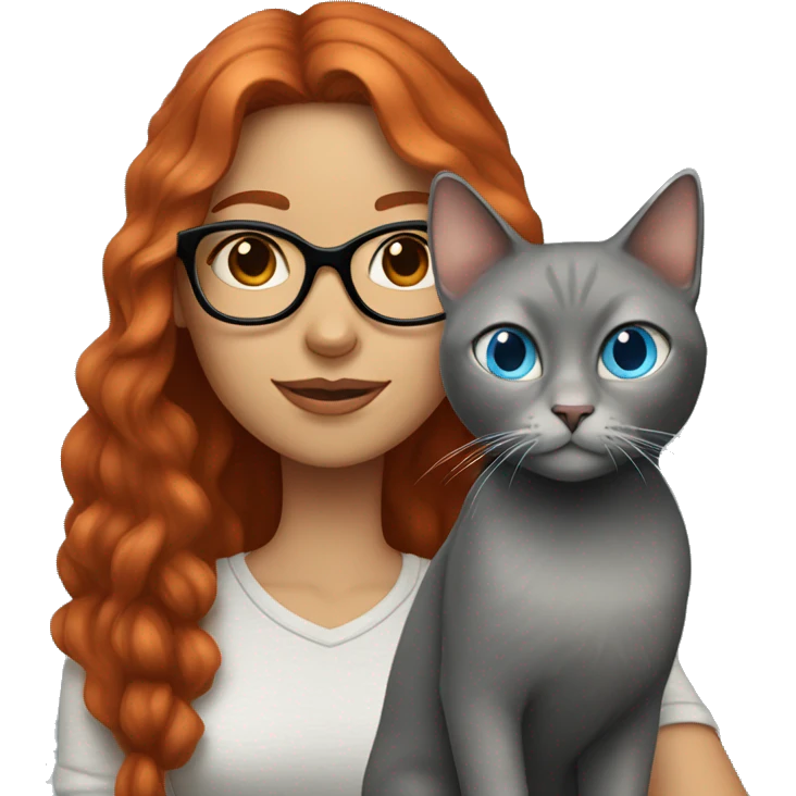 A girl with long red hair, blue eyes, light skin, black glasses, holding an all grey cat  emoji