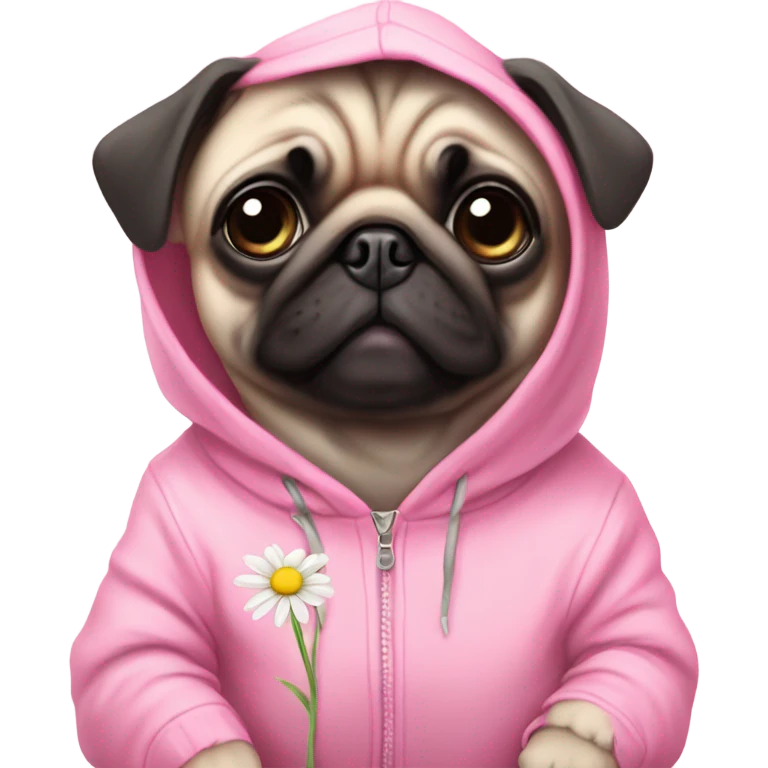 Cute Baby Pug with pink eyes wearing a pink hoodie eating daisy's  emoji