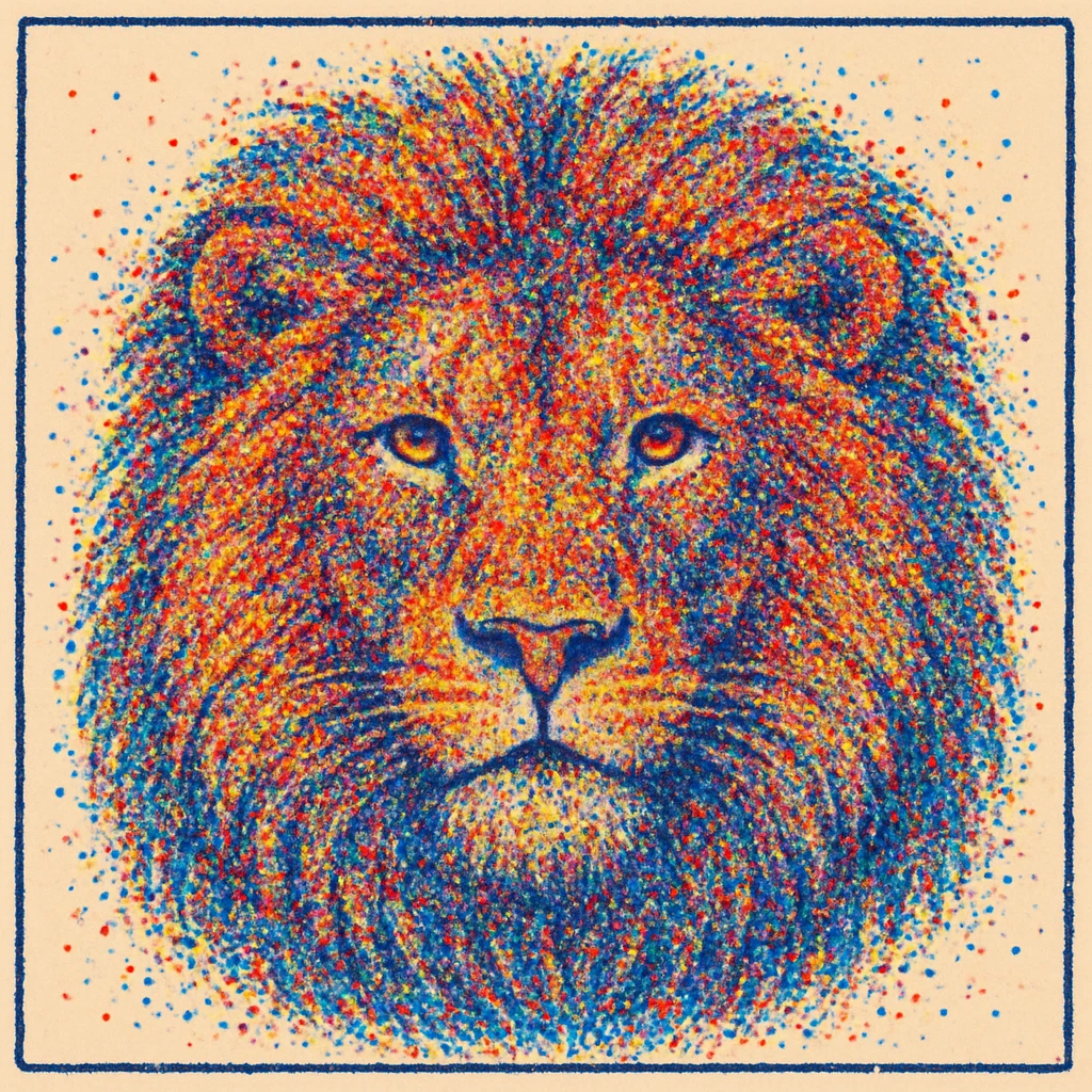 A majestic lion's face with a detailed mane, created using hundreds of small colorful dots that blend together to form a striking portrait emoji