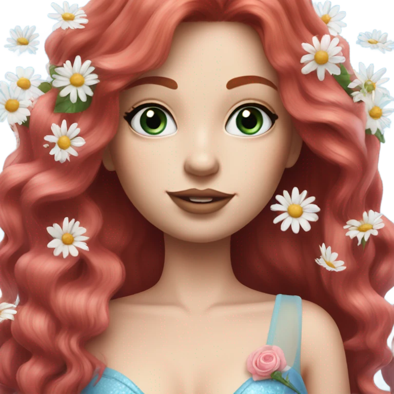 Realistic european woman with longer red  hair with pink roses & white daisies in hair wearing mermaid style blue dress emoji