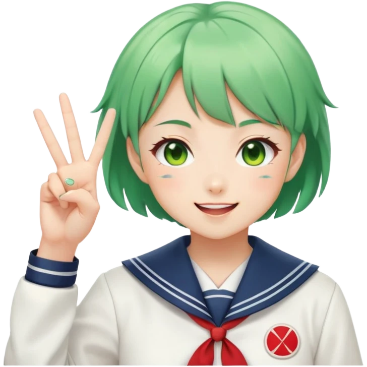 Energetic anime girl with short green hair wearing Japanese sailor style school uniform, winking and making double peace signs, very cheerful and bubbly, kawaii style emoji