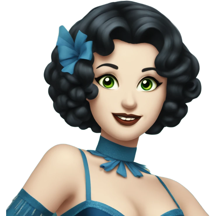 Burlesque dancer wearing blue with black hair, pale skin, and green eyes in a dark blue vintage costume dancing emoji